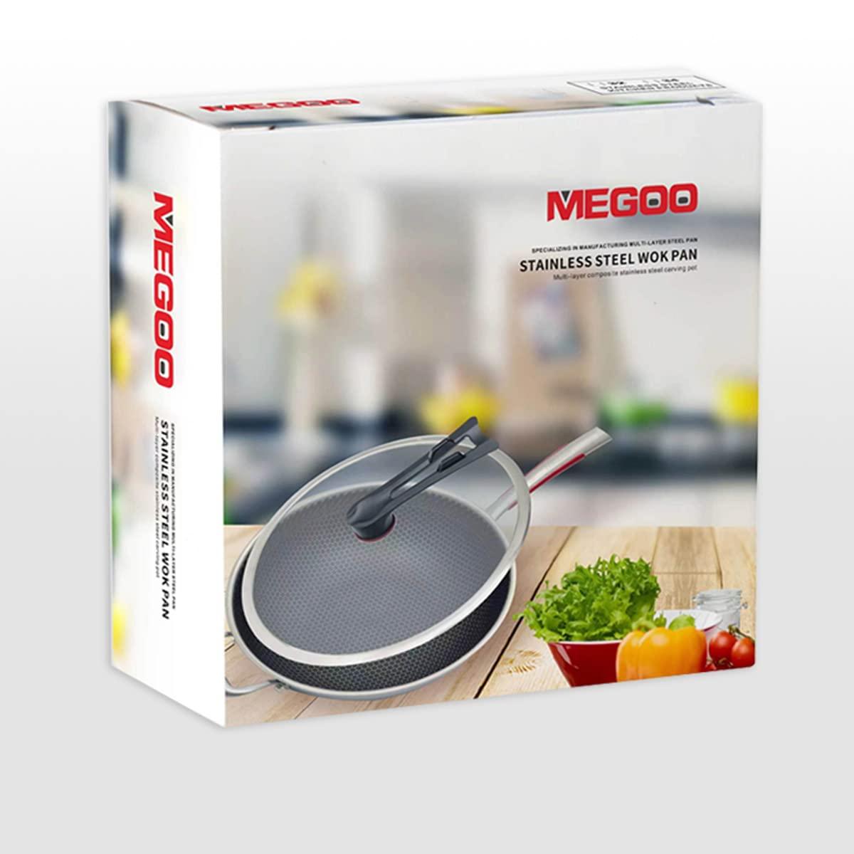 MEGOO 12.6 inch stainless steel nonstick wok pan with lid,stir fry honeycomb wok,cooking wok skillet,for gas cooktops,Induction,electric stove,dishwasher safe(PFA,PFOA Free) - CookCave