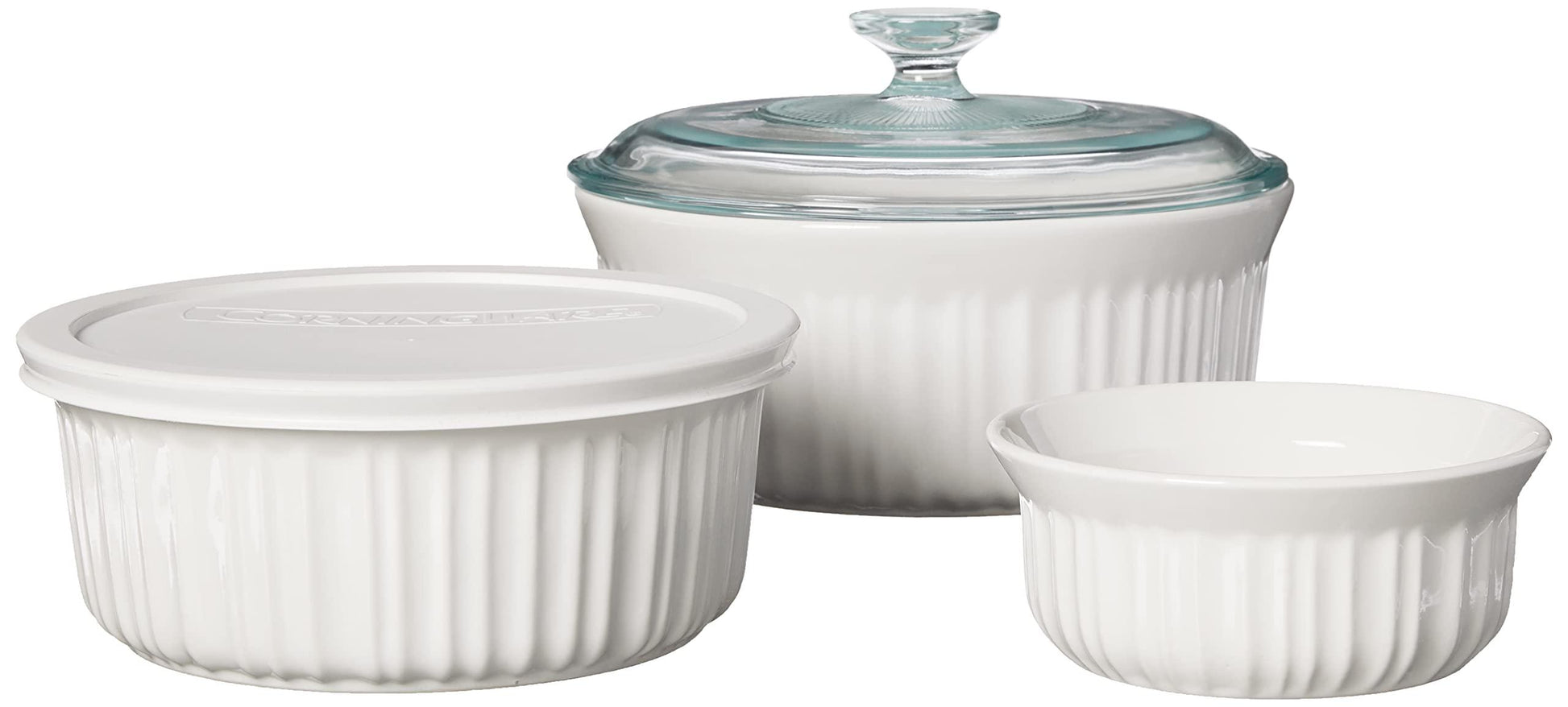 CorningWare French White 7-Pc Ceramic Bakeware Set with Lids, Chip and Crack Resistant Stoneware Baking Dish, Microwave, Dishwasher, Oven, Freezer and Fridge Safe - CookCave