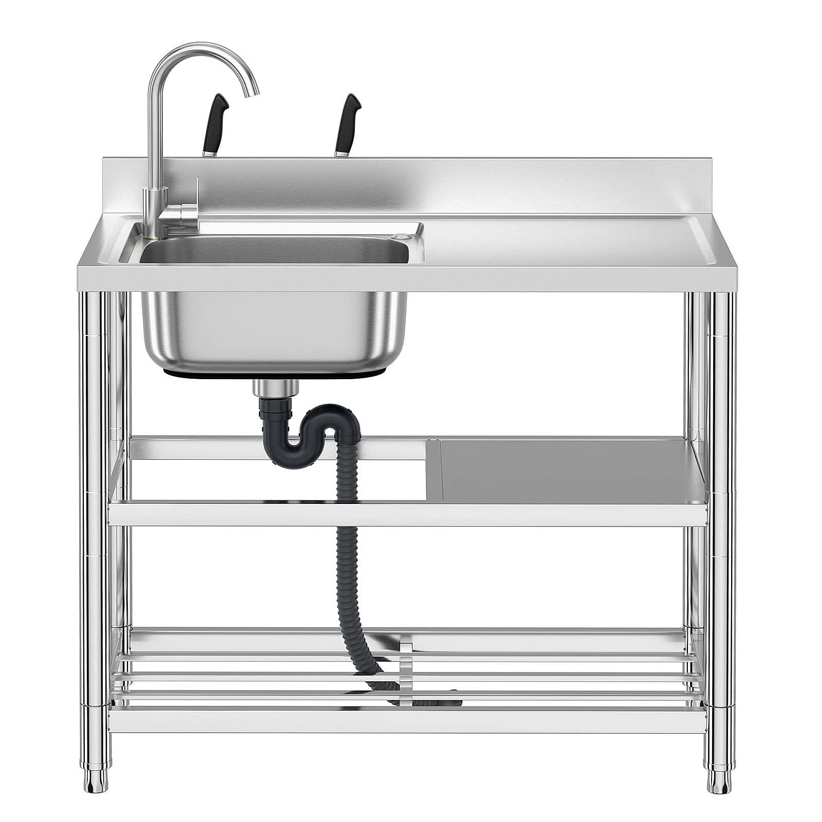 Free Standing Stainless-Steel Single Bowl Commercial Restaurant Kitchen Sink Set w/Faucet & Drainboard, Prep & Utility Washing Hand Basin w/Workbench & Double Storage Shelves Indoor Outdoor (39.5in) - CookCave