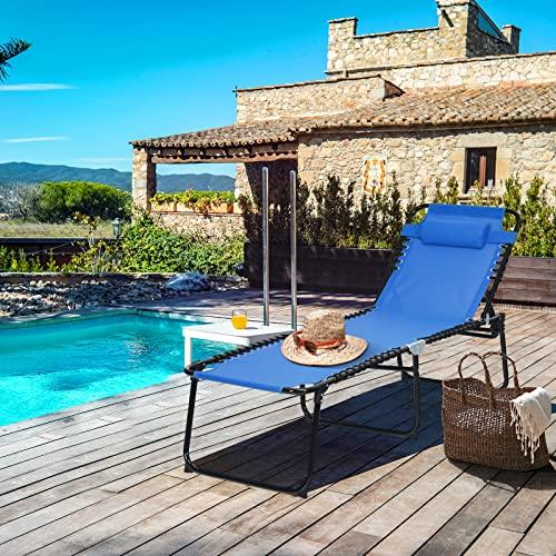 GYMAX Lounge Chairs for Outside, Extra High Folding Beach Tanning Lounger with 4-Level Adjustable Backrest, 2-Level Footrest & Removable Pillow, Sunbathing Lounge for Patio, Lawn, Poolside (1, Navy) - CookCave