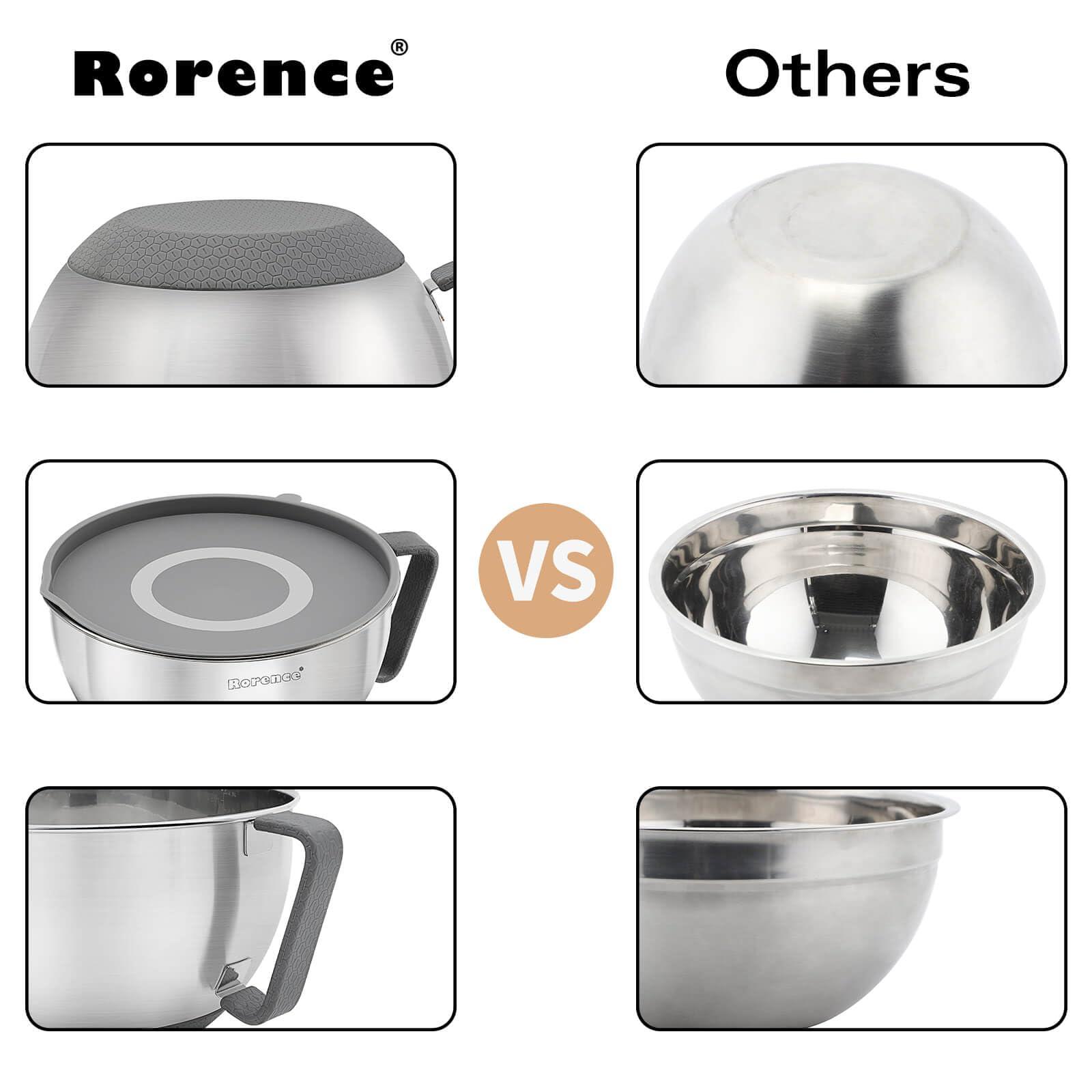 Rorence Mixing Bowls Set: Stainless Steel Non-Slip Bowls with Pour Spout, Handle and Lid - Set of 3 - Gray - CookCave