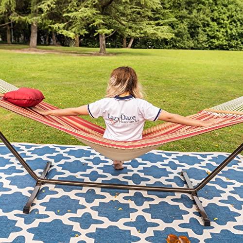 Lazy Daze Quilted Fabric Hammock with 12-Foot Stand, Double 2-Person Hammock with Pillow for Outdoor Outside Patio, Garden, Backyard, 450LB Capacity, Red/Brown Stripe - CookCave