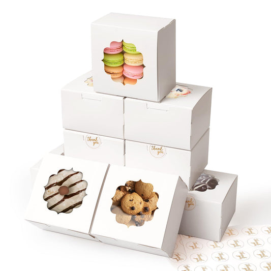 Shallive 4-Inch Small Cookie Boxes 50Pcs White - Bakery Treat Box with Window for Gifting, To-go Containers for Cake Slice, Macarons, Donuts 4x4x2.5 - CookCave