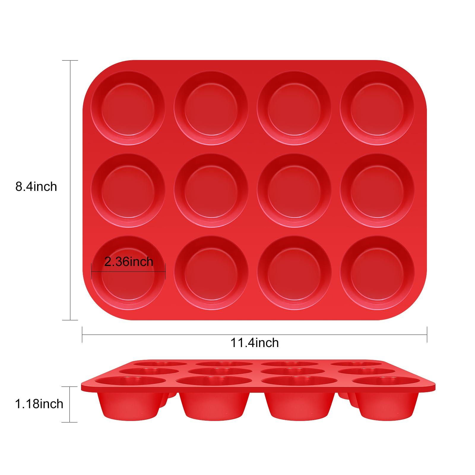 La Chat Silicone Muffin Pan 2 pcs - Nonstick BPA Free silicone Cupcake tray for baking, 12 Cup muffin tin, Silicone molds for making Muffins, Cupcakes and Egg maffins, (red, 12 cavity) - CookCave