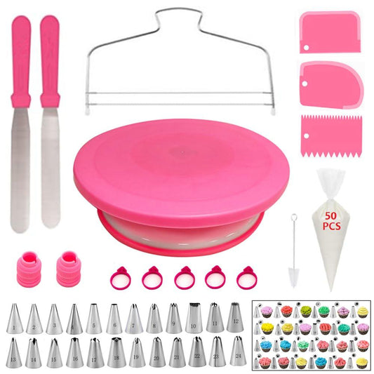 YOQXHY 90 Pcs Cake Decorating Kit with Rotating Cake Turntable & Leveler,24 Numbered Icing Piping Tips,2 Spatulas,3 Comb Scrapers,2 Couplers,5 Bag Ties and 50 Disposable Pastry Bags - CookCave