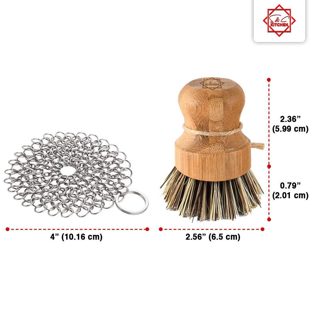S & C Kitchen - Cast Iron Cleaner with a Bamboo Scrub Brush - 4 by 4-inch Stainless Steel Chainmail - Cleans Pans, Wok, Skillets etc. - Cast Iron Brush Scrubber – 1 PC + Stainless Steel Chainmail - CookCave