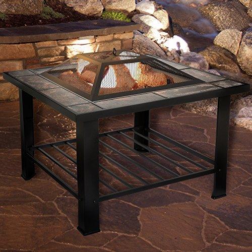 Fire Pit Set, Wood Burning Pit - Includes Screen, Cover and Log Poker - Great for Outdoor and Patio, 30 inch Square Marble Tile Firepit by Pure Garden, Black - CookCave