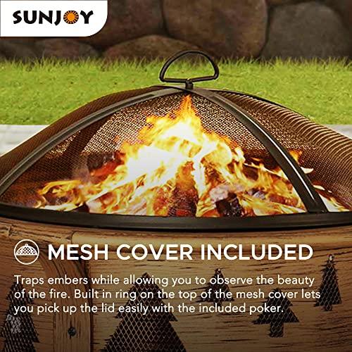 Sunjoy 30 in. Outdoor Wood-Burning Fire Pit, Patio Tree Motif Round Steel Firepit Large Fire Pits for Outside with Spark Screen and Poker - CookCave