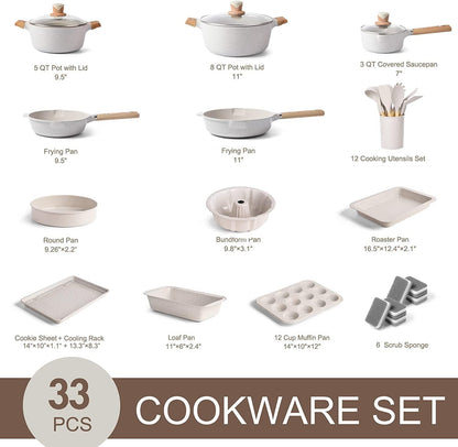 Pots and Pans Set - Nonstick Kitchen Cookware + Bakeware Set Granite Kitchenware Set, Induction Cookware Sets with Frying Pan Stockpot Saucepan Basket Cookie Sheet and Baking Pans for Gift - CookCave