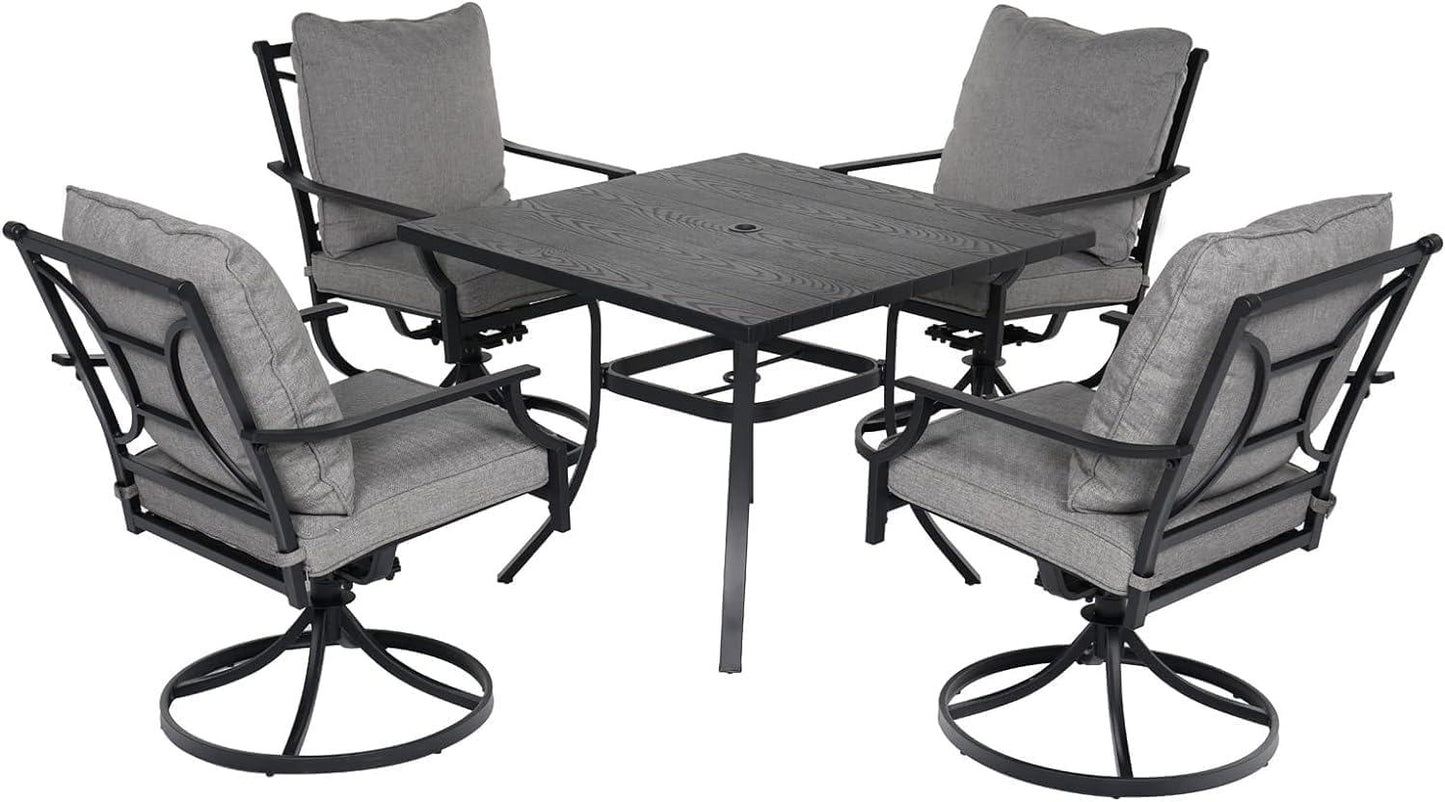 Grand patio 5-Piece Patio Dining Set for 4, Outdoor Furniture Dinning Set for 4 Patio Swivel Dining Chairs with Olefin Cushions 1 Square Dining Faux Woodgrain Table with Umbrella Hole, Grey - CookCave