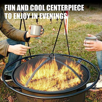 Backyard Expressions GOD Bless America Metal Firepit - 30 Inch - Heavy Duty Steel Fire Pit for Patio/Backyard w/Spark Screen Log Grate and Poker - CookCave