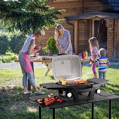 Portable Gas Grill, Portable Propane Grill, Propane Gas Grill, 24,000 BTU Outdoor Tabletop Small BBQ Grill with Two Burners, Removable Side Tables, Gas Hose and Regulator, Built in Thermometer, White - CookCave