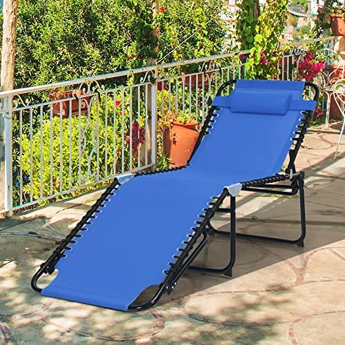 GYMAX Lounge Chairs for Outside, Extra High Folding Beach Tanning Lounger with 4-Level Adjustable Backrest, 2-Level Footrest & Removable Pillow, Sunbathing Lounge for Patio, Lawn, Poolside (1, Navy) - CookCave