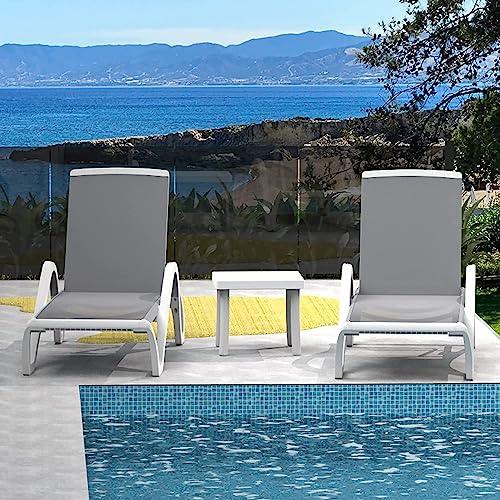 Domi Patio Chaise Lounge Chair Set of 3,Outdoor Aluminum Polypropylene Sunbathing Chair with Adjustable Backrest,Arm,Side Table,for Beach,Yard,Balcony,Poolside(2 Gray Chairs W/Table) - CookCave