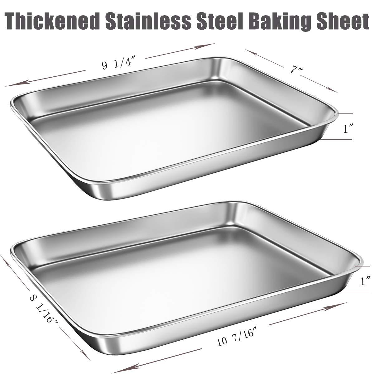 Cookie Sheets Pans for Toaster Oven，Small Stainless Steel Baking Sheet Tray, BYkooc Dishwasher Safe Oven Pan, Anti-rust, Sturdy & Heavy, 9 x 7 x 1 & 10 x 8 x 1 inch, 2 pcs/set - CookCave