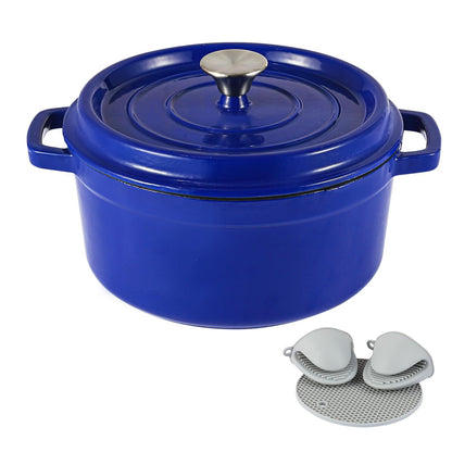Enameled Cast Iron Dutch Oven Pre-seasoned Pot with Lid & Handles, 4 Quart Enamel Coated Cookware Pot with Silicone Handles and Mat for Cooking, Basting, or Baking, Blue - CookCave