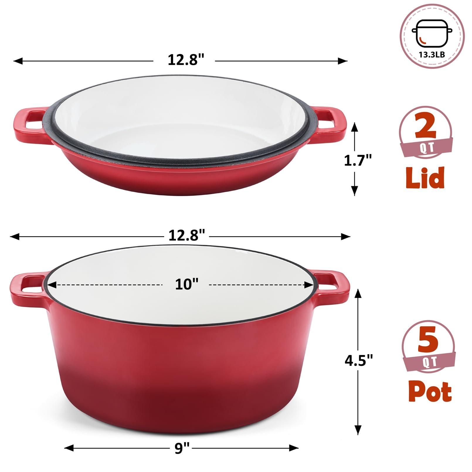 TeamFar 2-In-1 Enameled Cast Iron Dutch Oven, 5 Quart Dutch Oven Pot Cookware with Skillet Lid for Bread Baking Braising Stewing Roasting, Heavy-Duty & Nonstick, Oven Safe & Fit for Induction (Red) - CookCave