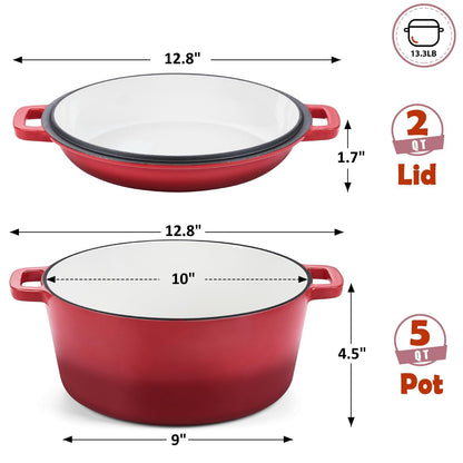 TeamFar 2-In-1 Enameled Cast Iron Dutch Oven, 5 Quart Dutch Oven Pot Cookware with Skillet Lid for Bread Baking Braising Stewing Roasting, Heavy-Duty & Nonstick, Oven Safe & Fit for Induction (Red) - CookCave