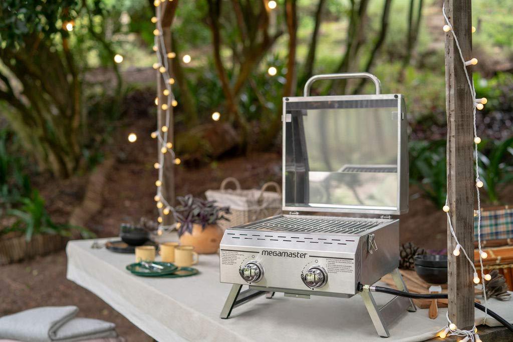 Megamaster Premium Outdoor Cooking 2-Burner Grill, While Camping, Outdoor Kitchen, Patio Garden, Barbecue with Two Foldable legs, Silver in Stainless Steel - CookCave