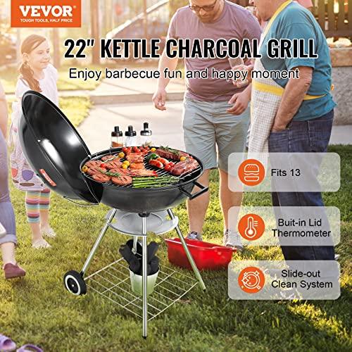 VEVOR 22 inch Charcoal Grill, Portable Charcoal Grill with Wheels for Outdoor, Porcelain-Enameled Lid and Ash Catcher & Thermometer, Round Barbecue Kettle Grill Bowl Wheels for Small Patio Backyard - CookCave