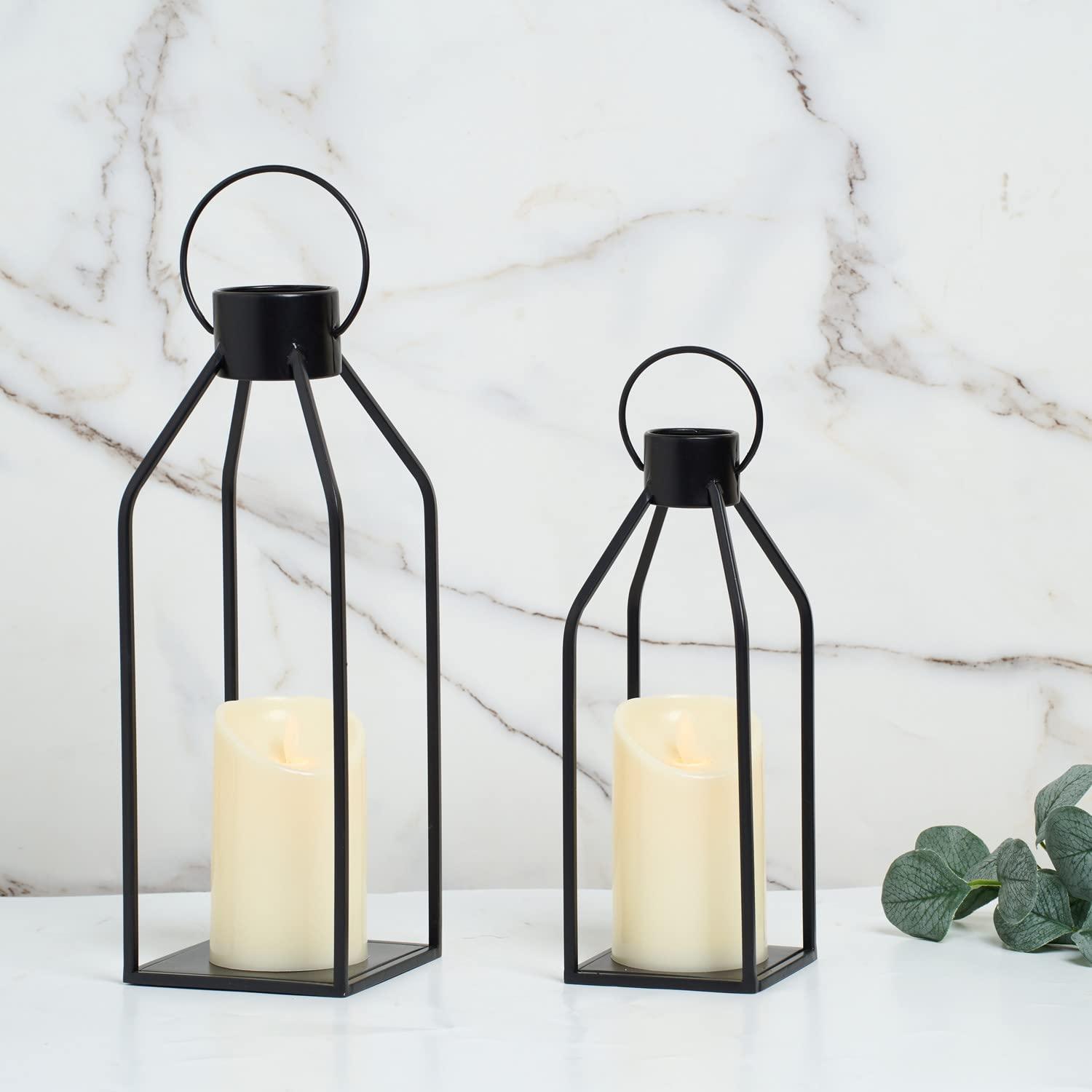 HPC Decor Modern Farmhouse Lantern Decor- Black Metal Candle Lanterns for Christmas- Lanterns Decorative w/Timer Flickering Candles for Living Room,Home,Indoor, Outdoor,Table,Fireplace Mantle Decor - CookCave