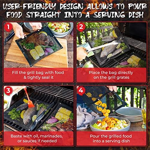 Oleex Non-Stick Large BBQ Grilling Bags + Basting Brush - Reusable PTFE Mesh Indoor Outdoor Charcoal Barbecue Grill Bag Accessories, Heat-Resistant Up to 500 F, Easy to Clean, Dishwasher-Safe - CookCave