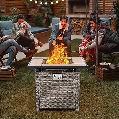 Outdoor Propane Fire Pit Table for Outside, 30 Inch 50,000 BTU Square Grey Rattan Gas Firepit with Tabletop, Fire Glass, and Waterproof Cover, for Parties and Gatherings on Patio Garden Backyard Porch - CookCave