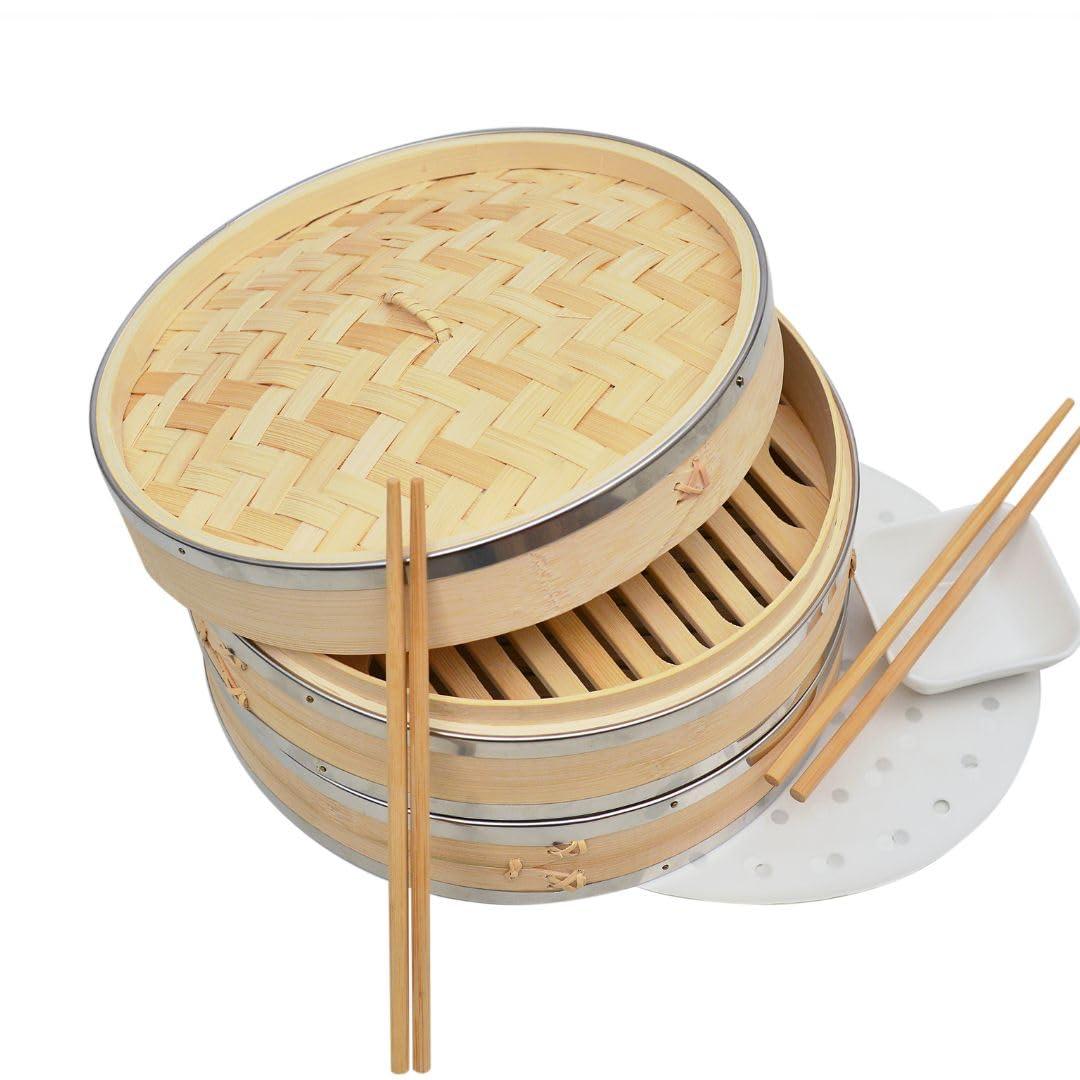 Two tier Bamboo steamer with steel ring - CookCave