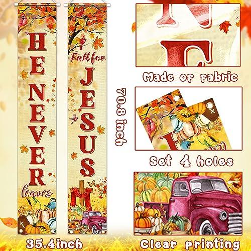 YE Fall for Jesus Porch Sign Banner Decoration- Fall for Jesus He Never Leaves Hanging Door Banner for Indoor Outdoor Autumn Christian Religion Decoration Thanksgiving Supplies, 70.8x11.8inch - CookCave