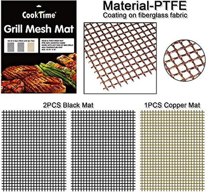 BBQ Grill Mesh Mat Set of 3 - Non Stick Barbecue Grill Sheet Liners Teflon Grilling Mats Nonstick Fish Vegetable Smoking Accessories - Works on Smoker,Pellet,Gas,Charcoal Grill,15.75x13inches - CookCave