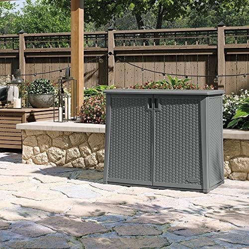 Suncast Outdoor Storage Cabinet with Pad-Lockable Doors, Freestanding Outdoor Patio Storage Unit, 42" W x 23" D x 35.5" H, Cool Gray - CookCave