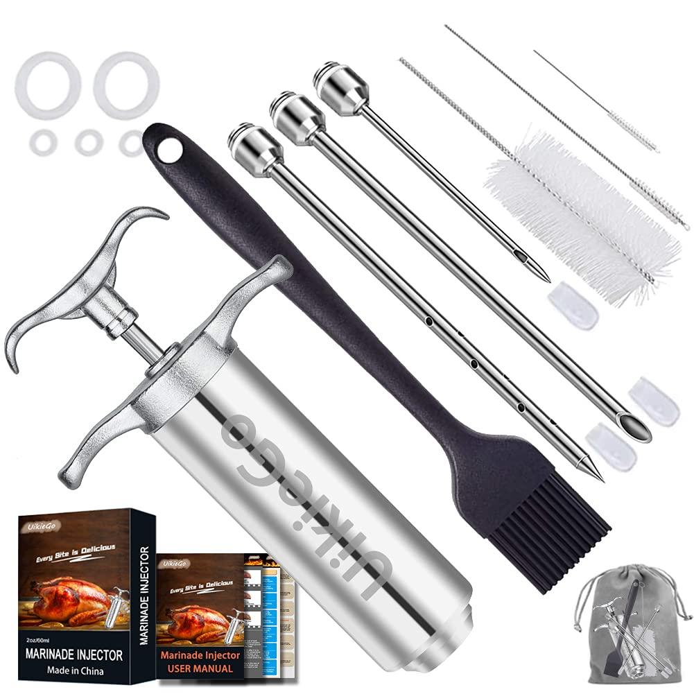 UikieGo 2oz Heavy duty 304 Stainless Steel Meat Marinade Injector Include User Manual (Paper Book) and BBQ Guide E-Book (PDF) for Smoker BBQ Grill Roast (Stoage Bag) - CookCave
