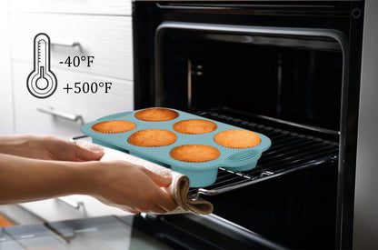 Silicone Muffin Pan - 6-Cavity Nonstick Baking Tray for Muffins, Cupcakes, Brownies and More - Food Grade and BPA Free - Pack of 3 Colors (Gray, Orange, Peacock Blue) - CookCave