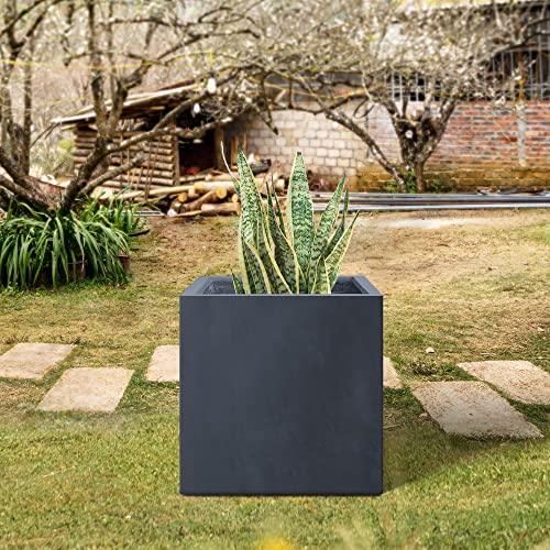 Kante 10 Inch Square Concrete Planter for Outdoor Indoor Home Patio Garden, Large Plant Pot with Drainage Hole and Rubber Plug, Charcoal - CookCave