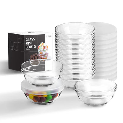 SQARR Small Glass Bowls with Lids - Perfect Prep Bowls for Kitchen Lovers - Mini Bowls for Candy, Dessert, Nuts, Party, Dips, Condiments, Sauces, Ingredients (12 set) - CookCave