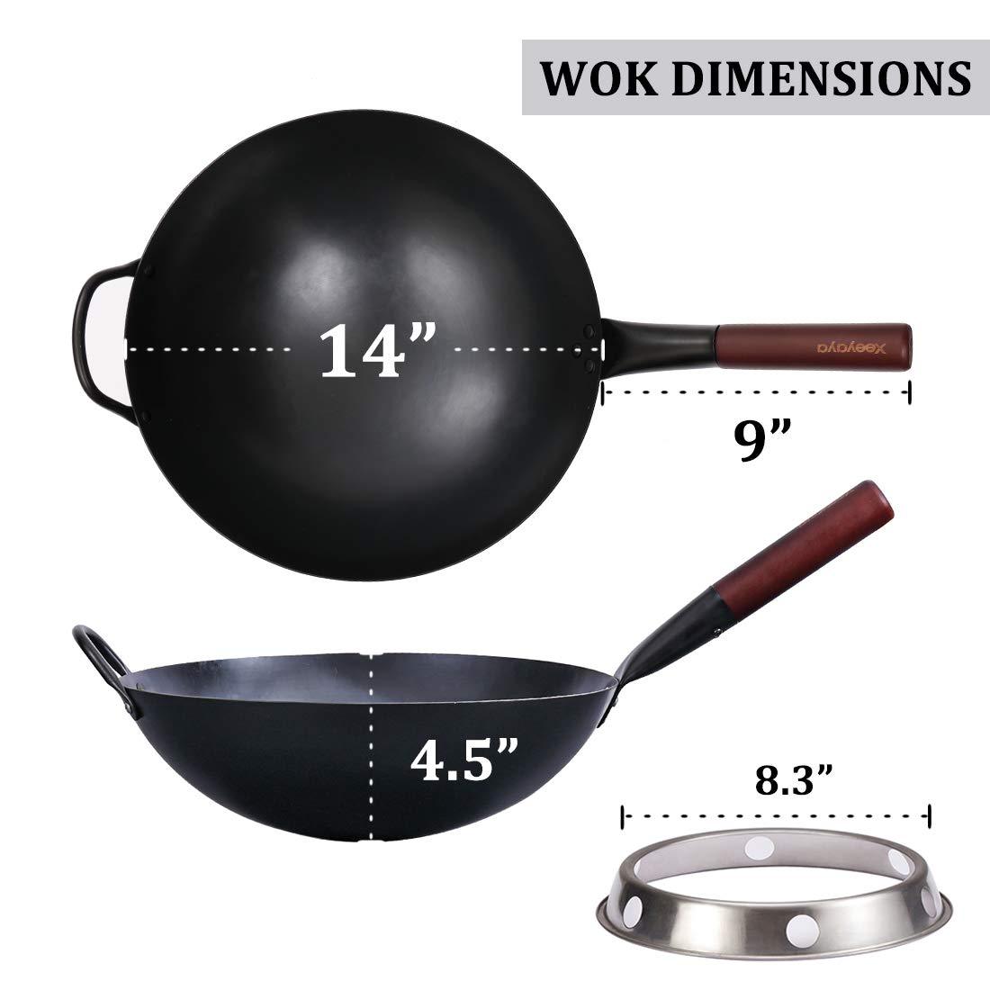 XEEYAYA Carbon Steel Wok Pan with Ring, Chinese Woks and Stir Fry Pans, 14" Large Hand Hammered Traditional Round Bottom Wok - CookCave