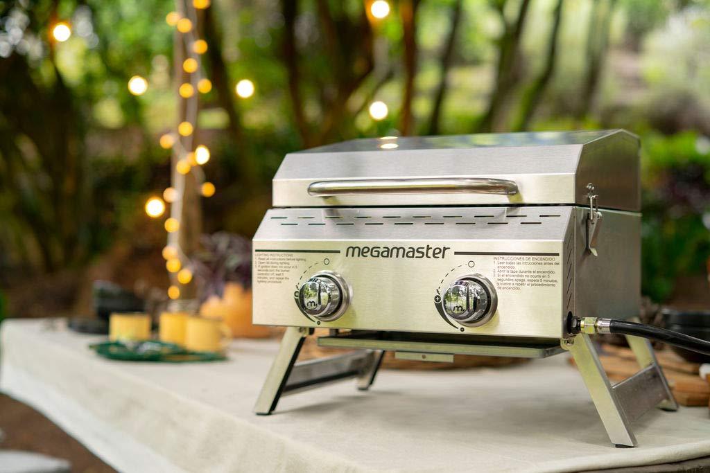 Megamaster Premium Outdoor Cooking 2-Burner Grill, While Camping, Outdoor Kitchen, Patio Garden, Barbecue with Two Foldable legs, Silver in Stainless Steel - CookCave
