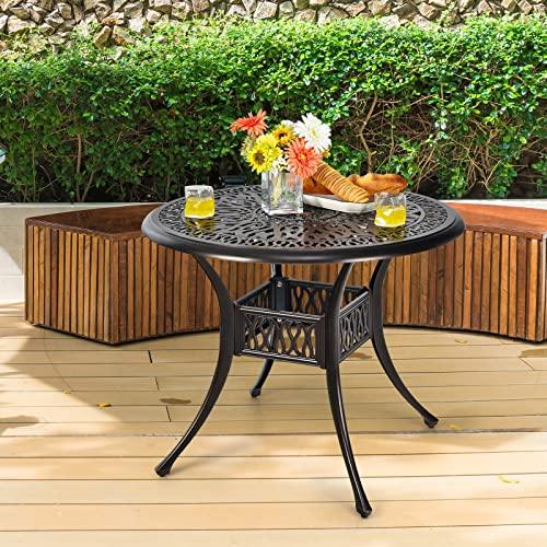 Tangkula 36 Inch Outdoor Dining Table, Round Cast Aluminum Patio Dining Table with Umbrella Hole, Weather-Resistant Patio Bistro Table for Backyard, Garden, Poolside - CookCave