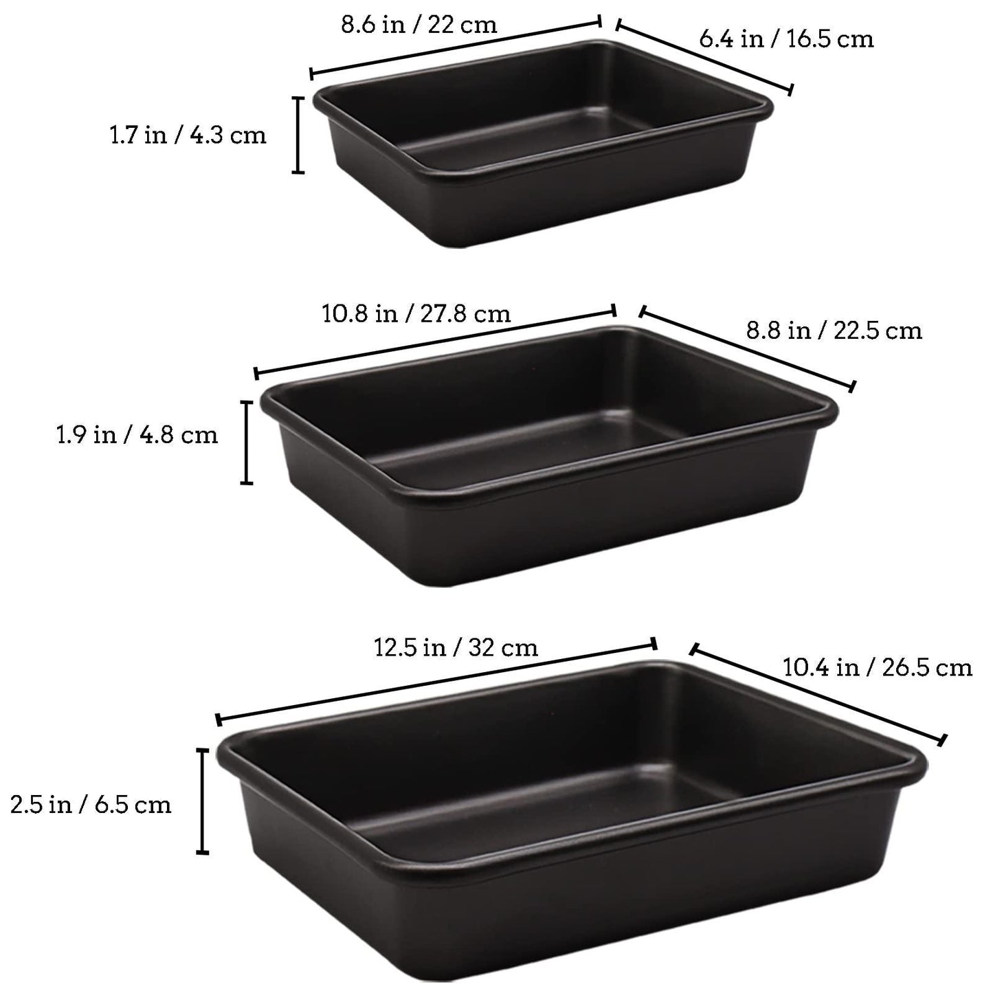 3-Pack Roasting Pan Set, Nonstick Baking Tray Set, Rectangular Bakeware for Oven, Non-Toxic Coating and Durable Quality (Black) - CookCave