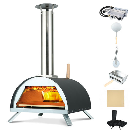 Hello. Dr 13" Multi-Fuel Pizza Oven Outdoor - Portable Wood Pellet and Gas Pizza Oven - Countertop Pizza Oven with Built-in Thermometer,Pizza Cutter & Carry Bag, for Outside Backyard Outdoor Kitchen - CookCave