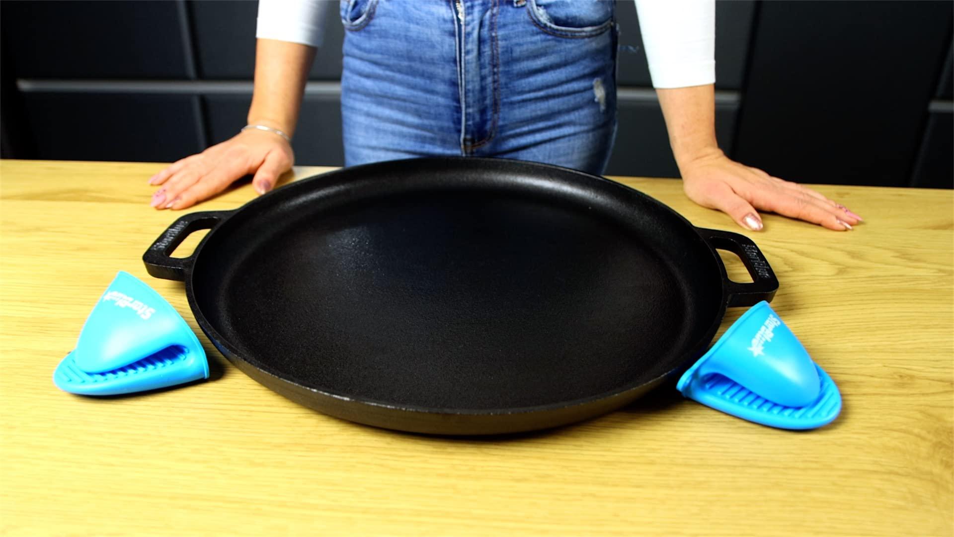 StarBlue 16 Inch Cast Iron Pizza Pan Round Griddle with FREE Silicone Handles and 30 Recipes Ebook– Pre-Seasoned Comal, Kitchen Essentials for Lovers, Baking, Grill, BBQ, Stove Oven Safe - CookCave