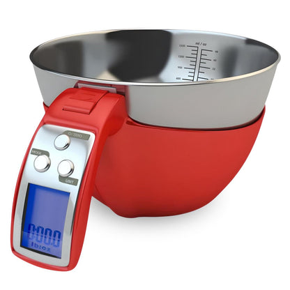 Fradel Digital Kitchen Food Scale with Bowl (Removable) and Measuring Cup - Stainless Steel, Backlight, 11lbs Capacity - Cooking, Baking, Gym, Diet - Precise Measuring (Red) - CookCave