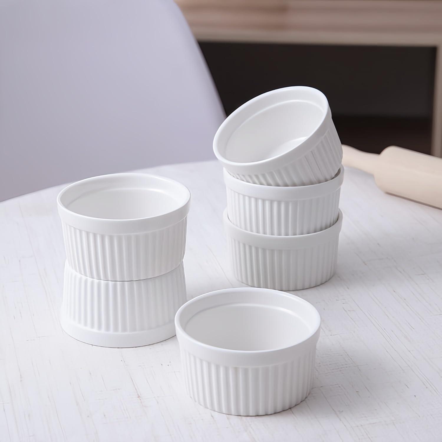 Ramekins with Lids 8 oz, Set of 6 Creme Brulee Ramekins with Covers, Stackable Ceramic Dishes Bowls for Baking, Pudding, Serving Dip, Ice Cream, Dishwasher and Oven Safe (White) - CookCave