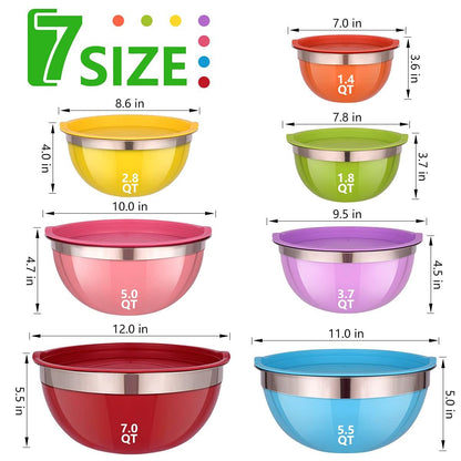 Mixing Bowls with Lids for Kitchen - 26 PCS Stainless Steel Nesting Colorful Mixing Bowls Set for Baking,Mixing,Serving & Prepping,Size 7, 5.5, 5, 4, 3, 2, 1.5QT,12 Cooking Utensils - CookCave