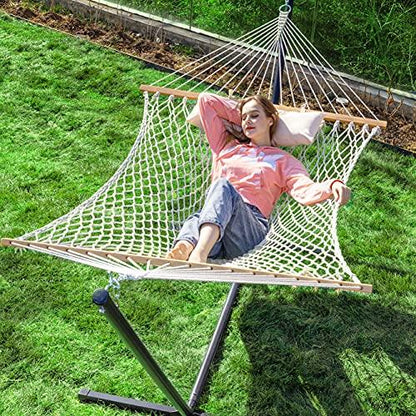 PNAEUT Double Rope Hammock with Stand Included, 12ft Heavy Duty Stand, 2 Person Traditional Cotton Rope Hammocks with Pillow for Outside Porch Patio Backyard Outdoor, Max 475lbs Capacity (Burlywood) - CookCave