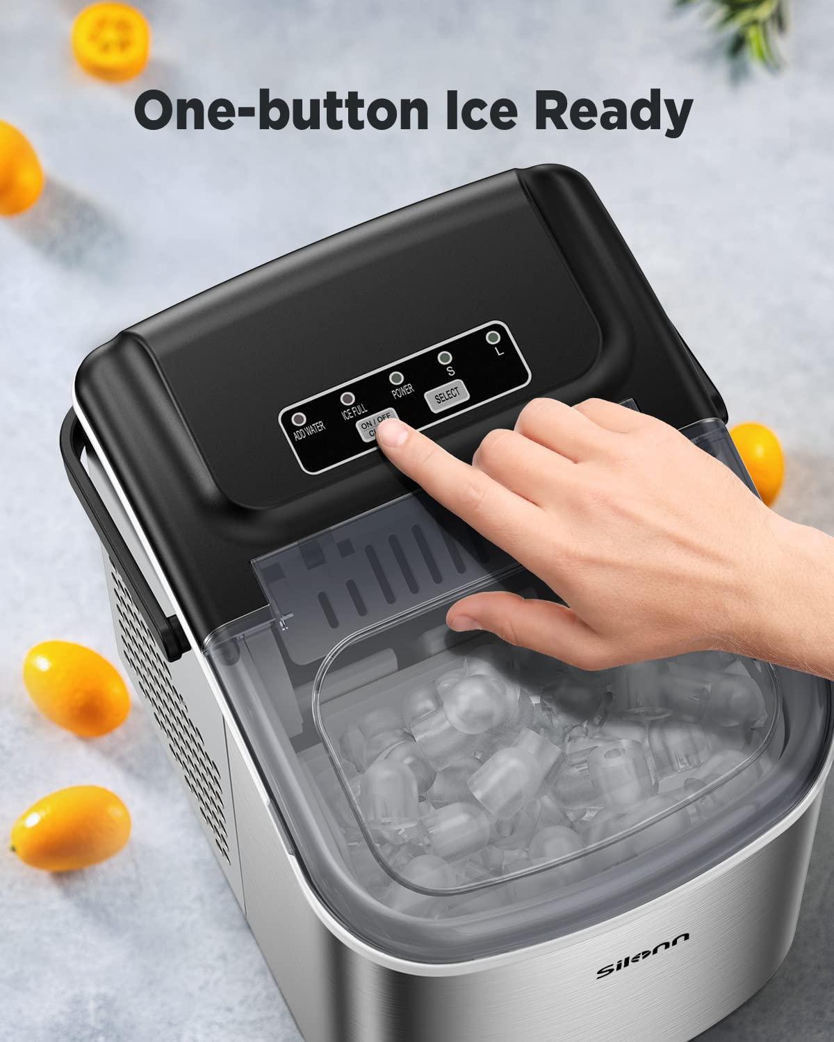 Silonn Countertop Ice Maker, 9 Cubes Ready in 6 Mins, 26lbs in 24Hrs, Self-Cleaning Ice Machine with Ice Scoop and Basket, 2 Sizes of Bullet Ice, Stainless Steel - CookCave