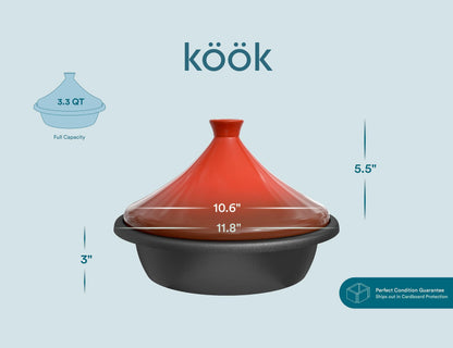 Kook Moroccan Tagine, Enameled Cast Iron Cooking Pot, Tajine with Ceramic Cone-Shaped Closed Lid, 3.3 QT (Ceramic) - CookCave