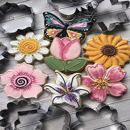 LILIAO Flowers Cookie Cutter Set - 7 Piece - Lily, Daisy, Sunflower, Cherry Blossoms, Tulip, Kapok Flowers and Butterfly Biscuit Fondant Cutters - Stainless Steel - CookCave