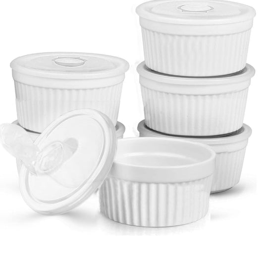 Ramekins with Lids 8 oz, Set of 6 Creme Brulee Ramekins with Covers, Stackable Ceramic Dishes Bowls for Baking, Pudding, Serving Dip, Ice Cream, Dishwasher and Oven Safe (White) - CookCave