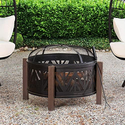 Sunjoy 27 in. Large Fire Pits for Outside Round Wood-Burning Fire Pit, Outdoor Patio Steel Bowl Shape Fire Pit with Mesh Spark Screen and Poker Tool - CookCave